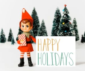 elf with happy holiday sign